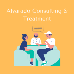 Animation of three people sitting at a table with a text bubble above them under the words "Alvarado Consulting & Treatment"