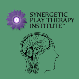 Outline of a head and brain in front of green background saying "Synergetic Play Therapy Institute"