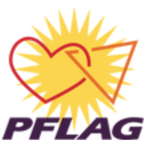 Letters "PFLAG" underneath an intertwined heart and triangle in front of a yellow sun